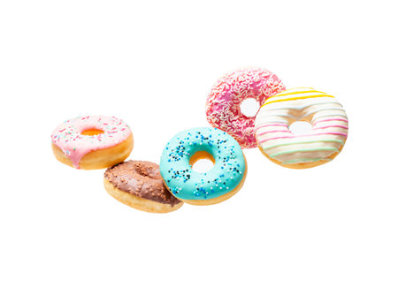 Colorful donuts isolated on white background. sweet donuts.の写真素材