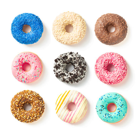 Set of colorful donuts isolated on white background. top view.の写真素材