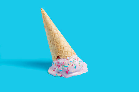 Ice cream waffle cone on blue background. Minimal summer concept.の写真素材