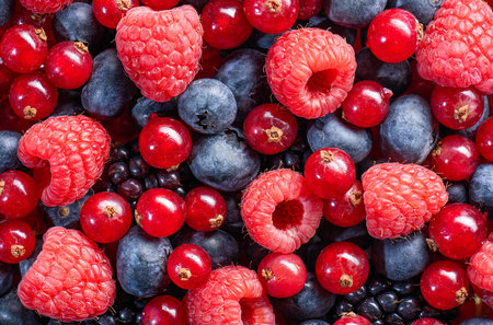 Berries background. Raspberries, blueberries, blackberries and currentsの写真素材