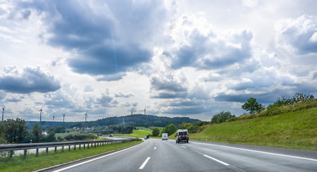 European Autobahn, stretching between hillsの写真素材