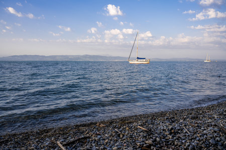 Sailboat on the shore of Lake Ohrid, Macedonia.の写真素材