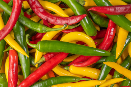 Hot chili peppers background. Red, yellow, green and red.