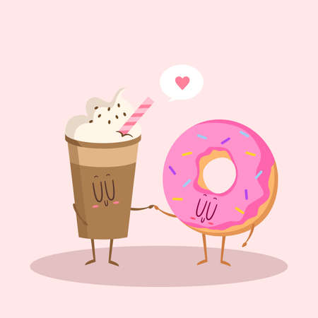 Coffee and donuts illustration. Vector cartoon. Comic characters. Use for card, poster, banner, web design and print on t-shirt. Easy to edit.のイラスト素材