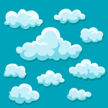 Set of clouds flat cartoon. Blue sky nature panorama with white cloud icon symbol concept. Vector flat cartoon illustration for web sites and banners design.のイラスト素材
