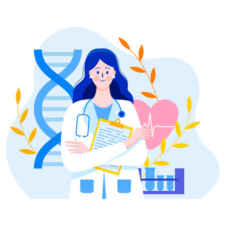 Medicine concept with a doctor in thin style. Practicing young doctor woman with documents. In the background are medical elements. Test tubes, heart, cardiogram, DNA, leaves. Consultations and diagnostics.のイラスト素材