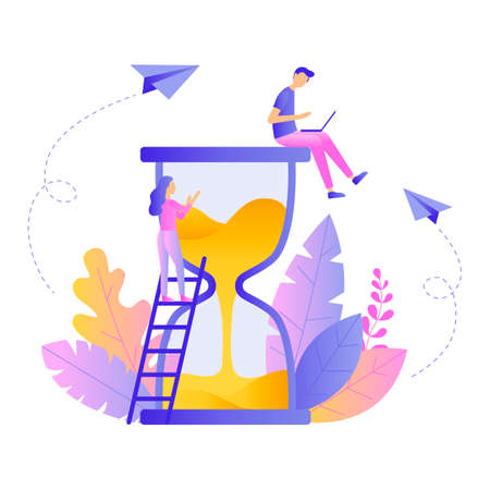 A man in a T-shirt and pants sits on an hourglass and works on her laptop of business processes, on...