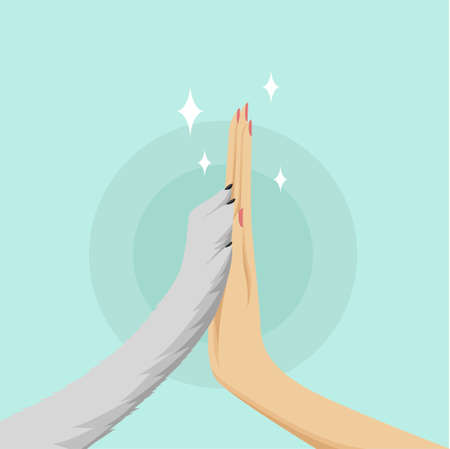 Illustration human hand holding a paw. Ideal for catalogs, informative and veterinary institutional material.のイラスト素材