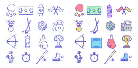 Line icons set of sport icons. Included are badges in the form of tennis, football, watches, flags, medal, hockey, boxing, skates, dumbbells, cupのイラスト素材