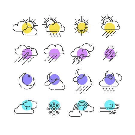 Set of line icons of weather icons. In the kit there are icons in the form of the sun, clouds, moon, rain, snow, stars, cloudy, lightning, wind, rainbowのイラスト素材