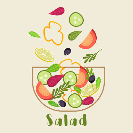 Bowl of fresh vegetable salad, healthy nutrition. Flat style. Vector illustration outlined on a white background.のイラスト素材