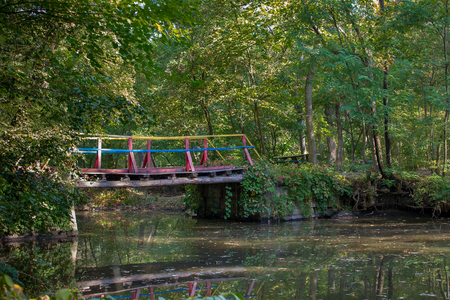 Colorful bridge over a stream in a cozy park. Autumn.の写真素材