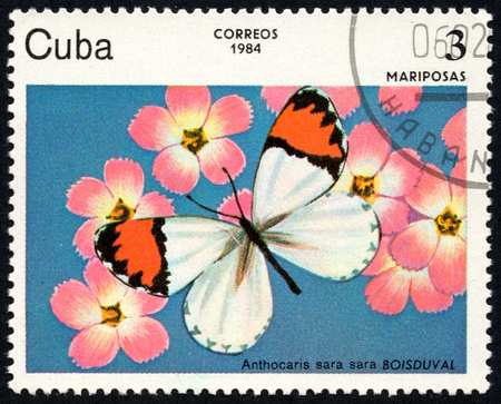 UKRAINE - CIRCA 2017: A stamp printed in Cuba, shows image of a butterfly Mariposas close-up, circa 1984のeditorial素材