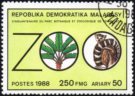 A 2017: A stamp printed in Malagasy Madagascar devoted Fiftieth anniversary of the botanical and zoological park of Tsimbazaza, circa 1988のeditorial素材