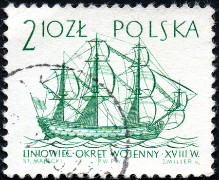 UKRAINE - CIRCA 2017: A stamp printed in Poland shows Line ship XVIII century, series Sailing Ships, circa 1963のeditorial素材