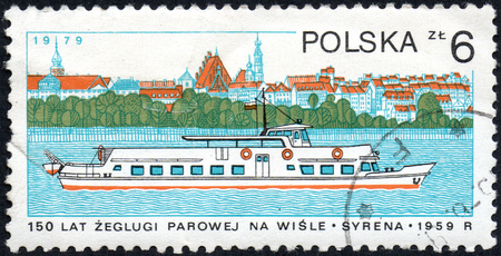 UKRAINE - CIRCA 2017: A stamp printed in POLAND shows 150 Years of steam navigation on the Vistula River chip Syrena 1959, circa 1979のeditorial素材