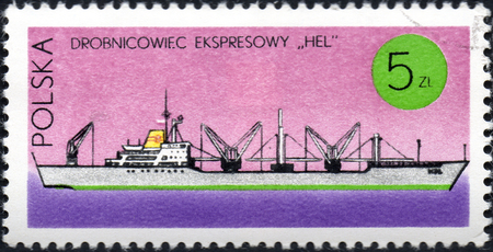 UKRAINE - CIRCA 2017: A stamp printed in Poland shows chip cargo express Hel, series Ships under the Polish Flag, circa 1971のeditorial素材