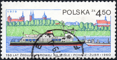 UKRAINE - CIRCA 2017: A stamp printed in POLAND shows 150 Years of steam navigation on the Vistula River Pusher Zubr, circa 1979のeditorial素材