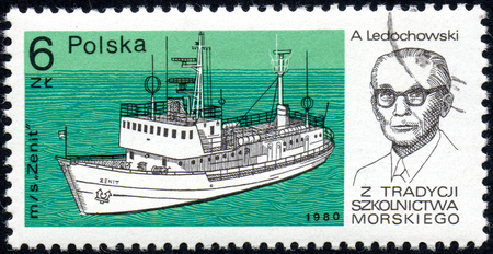 UKRAINE - CIRCA 2017: A stamp printed in POLAND shows Tradition Marine School captain A.Ledochowski and Chip Zenit, circa 1980のeditorial素材