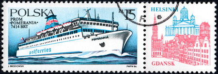 UKRAINE - CIRCA 2017: A stamp printed in POLAND shows Ferryboats Pomernia, circa 1986のeditorial素材