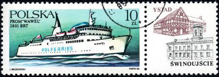 UKRAINE - CIRCA 2017: A stamp printed in POLAND shows Ferryboats Wawel, circa 1986のeditorial素材