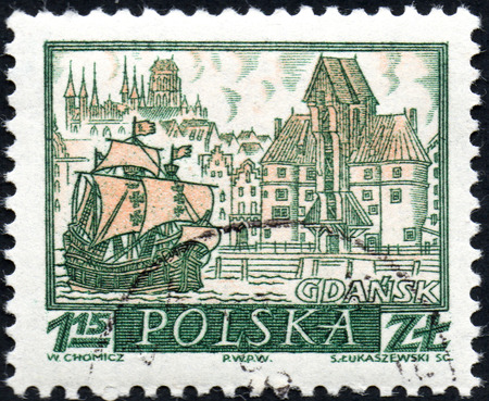 UKRAINE - CIRCA 2017: A stamp printed in Poland shows Gdansk, serie Historic Polish Towns, circa 1960のeditorial素材