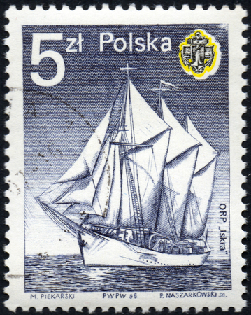 UKRAINE - CIRCA 2017: A stamp printed in Poland shows Spark sailboat, circa 1985のeditorial素材