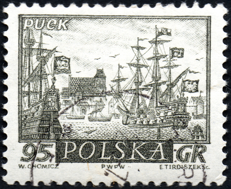 UKRAINE - CIRCA 2017: A stamp printed by Poland shows view Bay of Puck Gdansk, circa 1960のeditorial素材