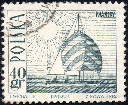 UKRAINE - CIRCA 2017: A stamp printed in Poland shows Amethyst yacht on Masurian Lake, circa 1966のeditorial素材