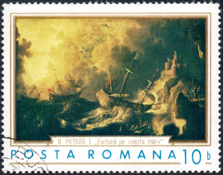 A stamp printed in the Romania shows Ships in Storm, Painting by B. Peters, circa 1971のeditorial素材