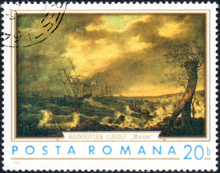 UKRAINE - CIRCA 2017: A stamp printed in the Romania shows ships in the storm by Ludolf Buckhuysen 1630-1708, circa 1971のeditorial素材