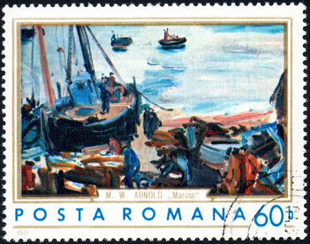 UKRAINE - CIRCA 2017: A stamp printed in the Romania shows ships in a port, circa 1971のeditorial素材