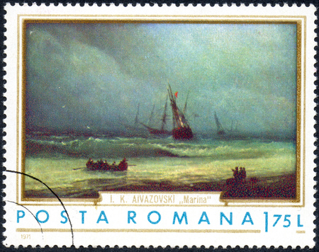 UKRAINE - CIRCA 2017: A stamp printed in the Romania shows The sea, according to the picture of the Russian artist Ayvazovsky 1817-1900, circa 1971のeditorial素材