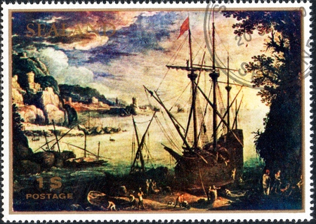 UKRAINE - CIRCA 2017: A stamp printed in Sealand the reproductions of the Flemish landscape artist Paul Bril Port, circa 1970のeditorial素材