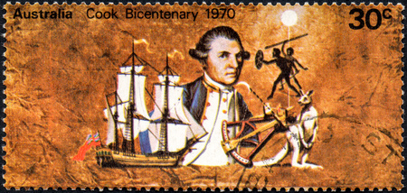 UKRAINE - CIRCA 2017: A stamp printed Australia, shows Captain Cook bicentenary, circa 1970のeditorial素材