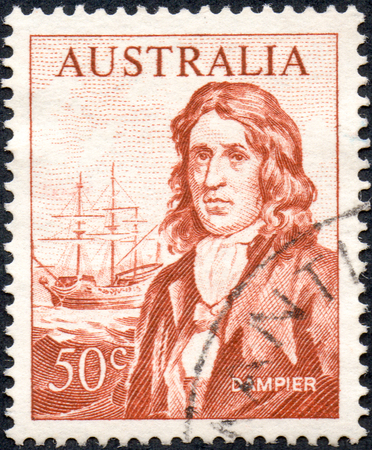 UKRAINE - CIRCA 2017: A stamp printed Australia, shows image portrait of English explorer and navigator William Dampier, circa 1966のeditorial素材