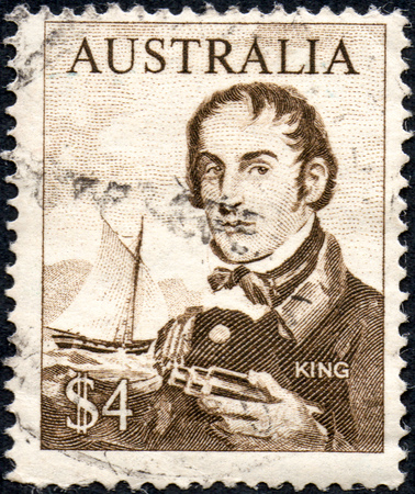 UKRAINE - CIRCA 2017: A stamp printed Australia, shows the explorer Phillip Parker King, circa 1966のeditorial素材