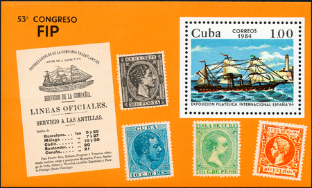 UKRAINE - CIRCA 2017: A postage stamp printed in Cuba shows shows old sailing ship with white sails, from the series International philatelist exposition Espana 84, circa 1984のeditorial素材