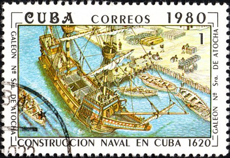 UKRAINE - CIRCA 2017: A postage stamp printed in Cuba shows construction of the Cuban galleon Nuestra Senora de Atocha Our lady of Atocha from series Constructing of ships on Cuba, circa 1980のeditorial素材