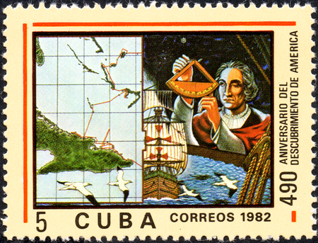 UKRAINE - CIRCA 2017: A postage stamp printed in Cuba shows Christopher Columbus, from the series Anniversary of the 490 discovery of America, circa 1982のeditorial素材