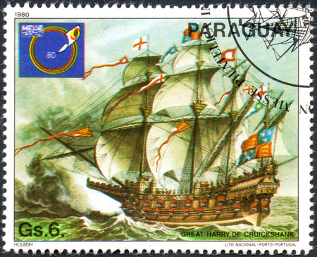 UKRAINE - CIRCA 2017: A postage stamp printed in Paraguai shows Sailing Ship Great Harry de Cruickshank, from the series International stamps exhibitions: ship paintings, circa 1980のeditorial素材
