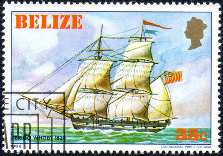 UKRAINE - CIRCA 2017: A postage stamp printed in Belize shows sailing ship Whitby 1838, from the series Historic ships, circa 1982のeditorial素材