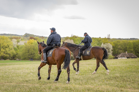 Kyiv, Ukraine - April 23, 2017: Policemen on horseback, a beautiful spring landscape, mounted police, horsemen in the countryside, outdoors. National Museum Pirogovo in the outdoors near Kiev.のeditorial素材