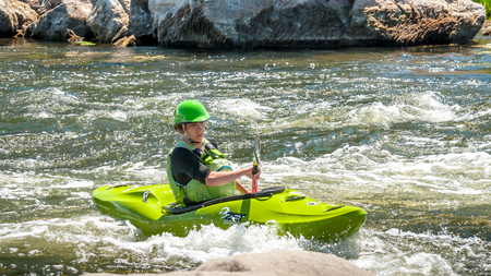 Village Myhiya, Nikolaev region, Ukraine - July 2, 2017: Kayaking on the Southern Bug River in sunny weather. A popular place for extreme recreation and training of rafting and kayaking athletes.のeditorial素材