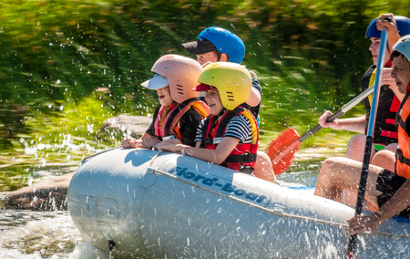 Village Myhiya, Nikolaev region, Ukraine - July 2, 2017: Kids and rafting. A popular place for extreme family recreation and training of athletes in rafting and kayaking.のeditorial素材