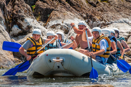 Village Mihia, Mykolayiv region, Ukraine - July 2, 2017: Rafting and kayaking. A popular place for extreme family and corporate recreation as well as training for athletes.のeditorial素材