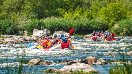 Village Mihia, Mykolayiv region, Ukraine - July 2, 2017: Rafting and kayaking. A popular place for extreme family and corporate recreation as well as training for athletes.のeditorial素材