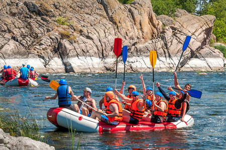 Village Mihia, Mykolayiv region, Ukraine - July 2, 2017: Rafting and kayaking. A popular place for extreme family and corporate recreation as well as training for athletes.のeditorial素材
