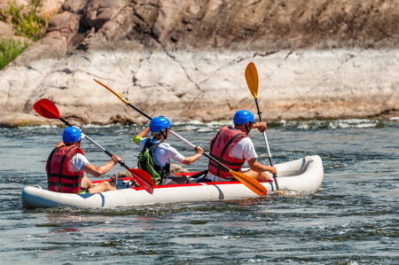 Village Mihia, Mykolayiv region, Ukraine - July 2, 2017: Rafting and kayaking. A popular place for extreme family and corporate recreation as well as training for athletes.のeditorial素材