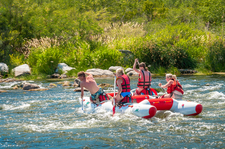 Village Mihia, Mykolayiv region, Ukraine - July 2, 2017: Rafting and kayaking. A popular place for extreme family and corporate recreation as well as training for athletes.のeditorial素材